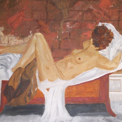 in bed, acryl op canvas, 100x100, 2009, fhv-kunst, francina van 't veld